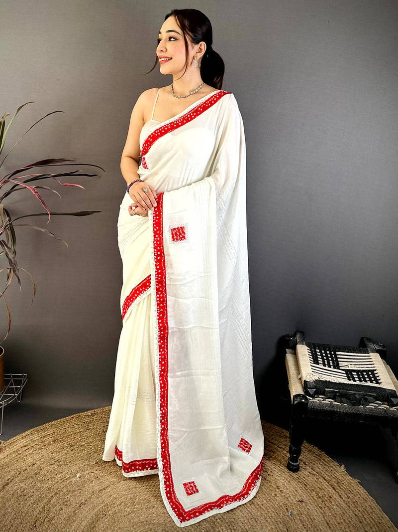 Red Bandhej Butta Chiffon Saree