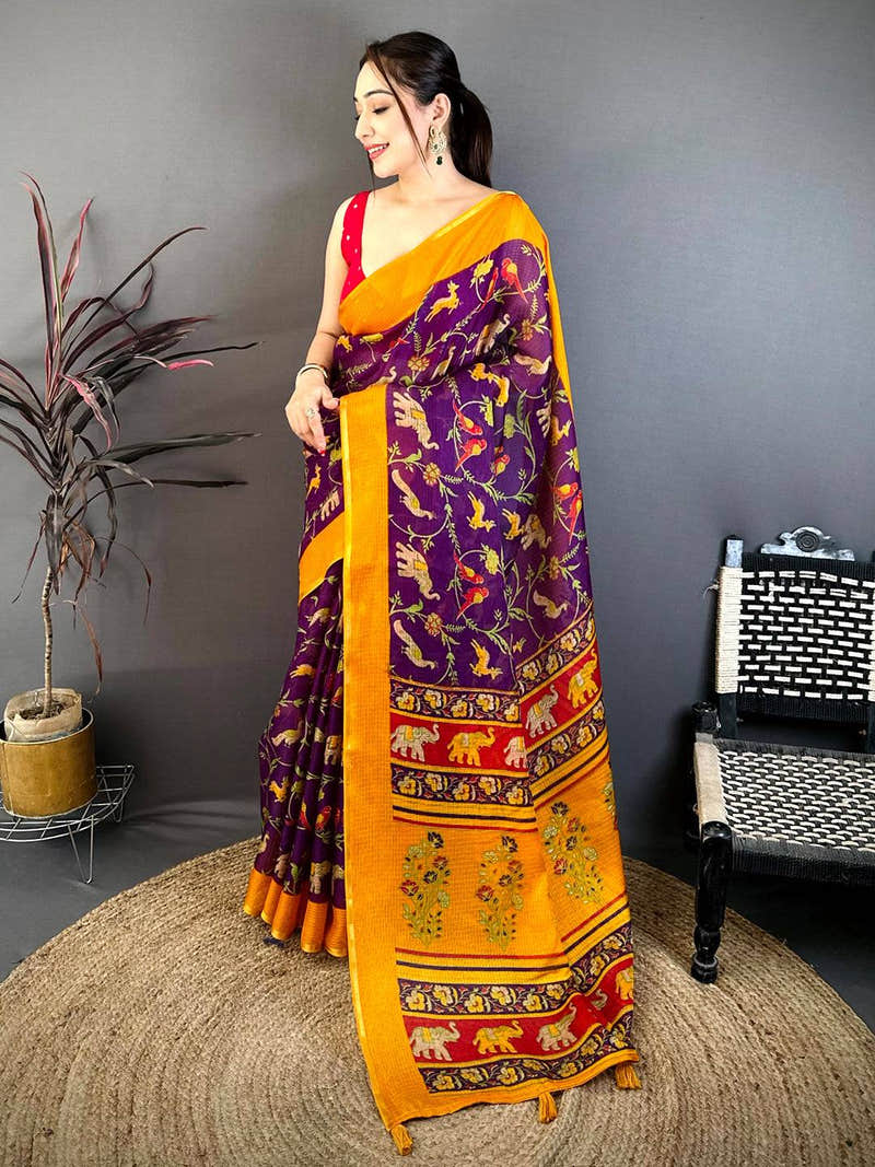 Purple Kota Doriya Block Print Saree