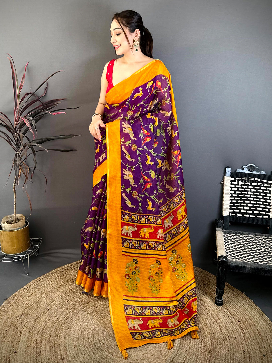 Purple Kota Doriya Block Print Saree