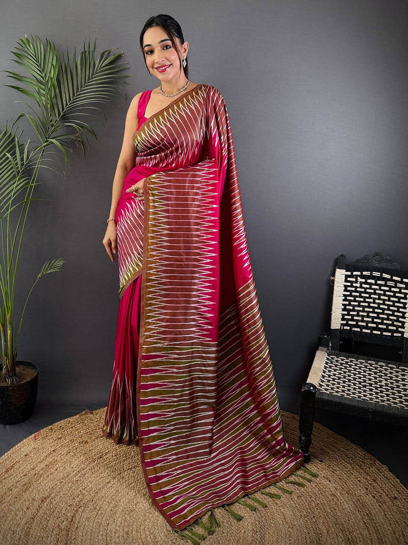 Peach Soft Silk Ikkat Zari Weaving Saree