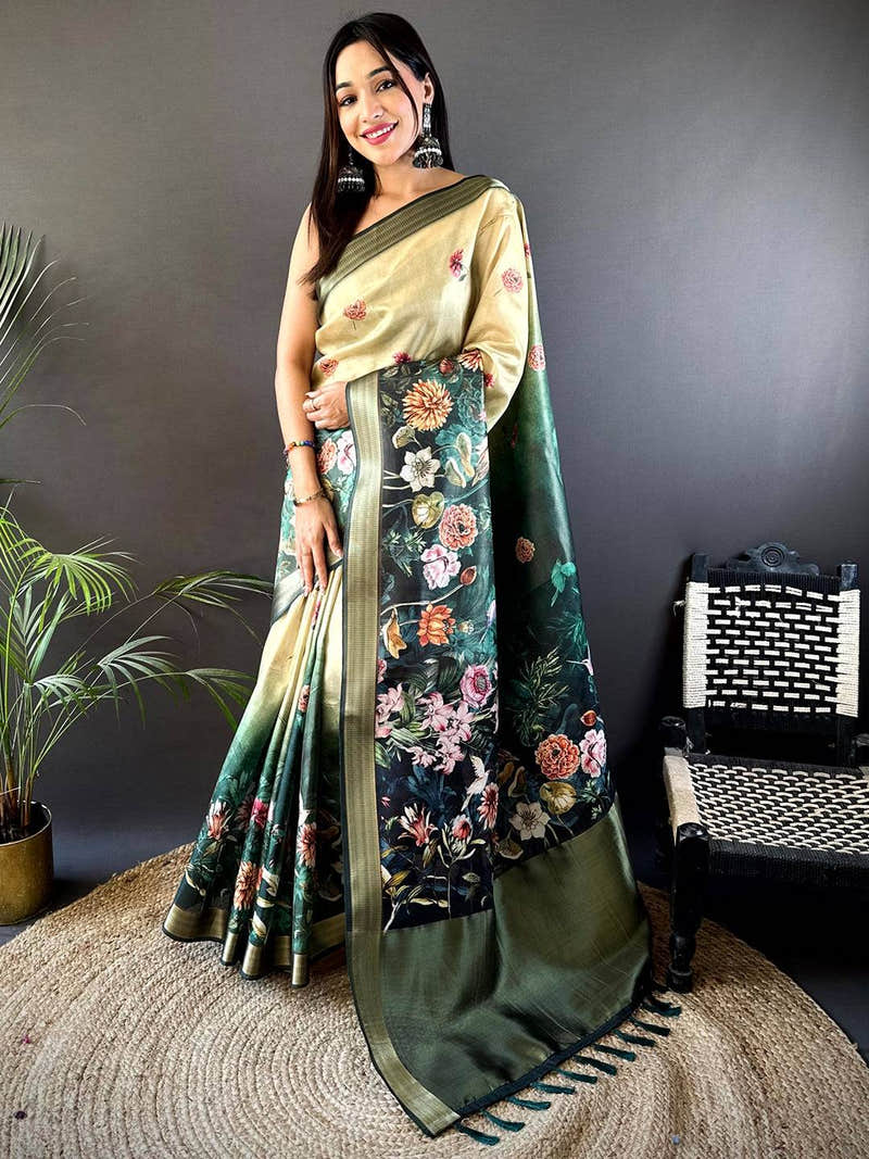Beige Floral Grace Soft Silk Tissue Saree