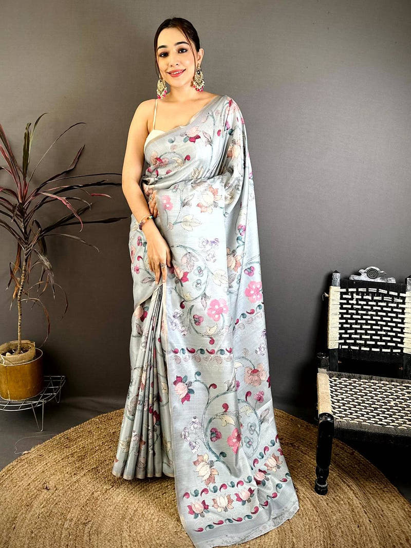 Opulent Katha Work Soft Zarna Silk Saree