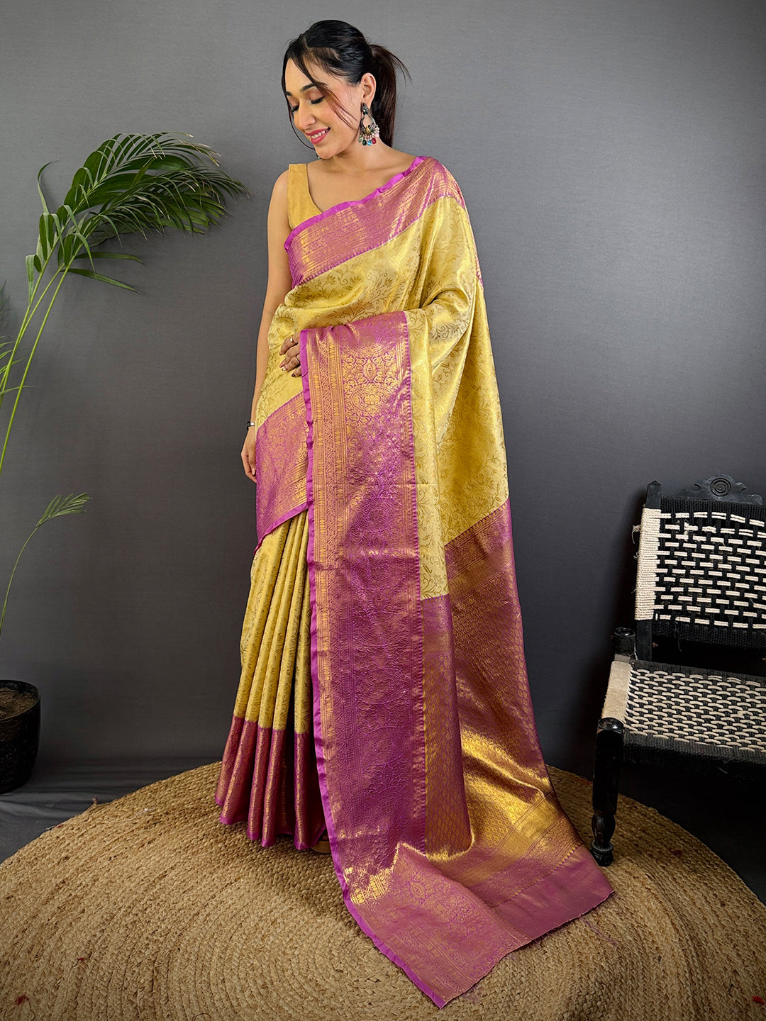 Golden Beige Dharmavaram Silk Saree With Maggam Blouse