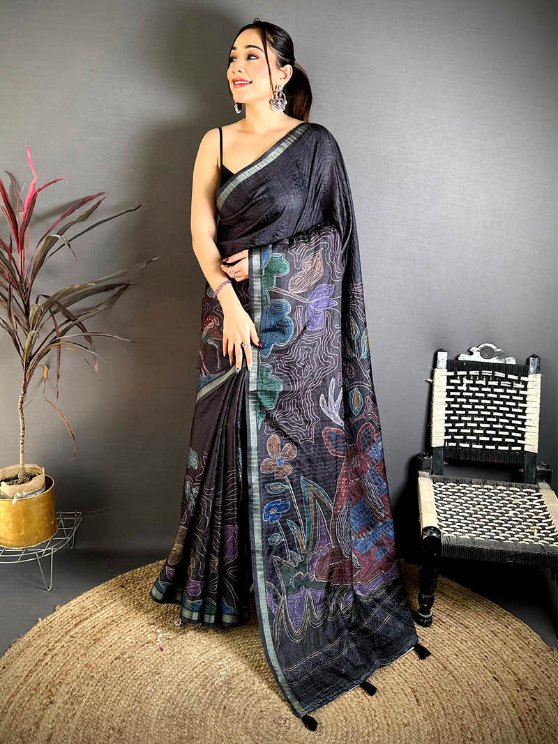 Vibrant Tussar Ghicha Katha Art Saree