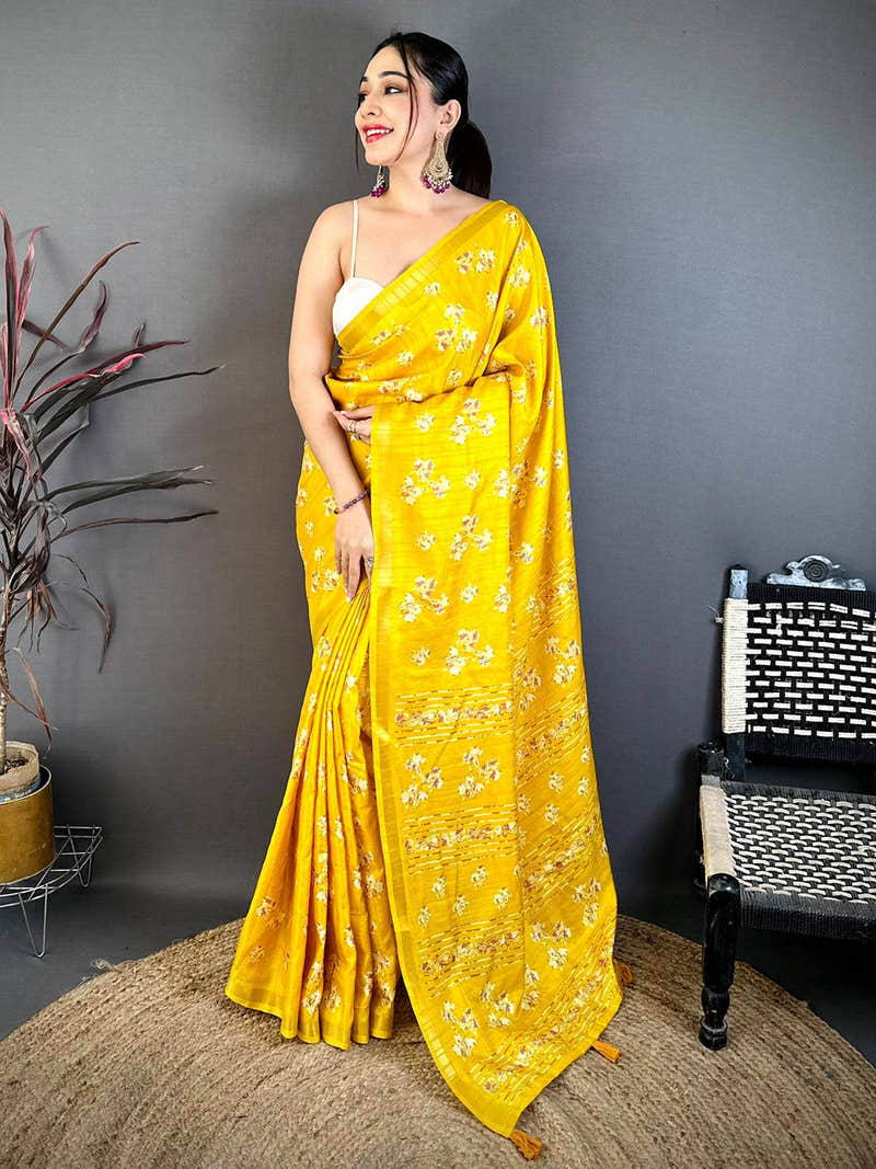 Yellow Tussar Ghicha Batik Floral Print Saree