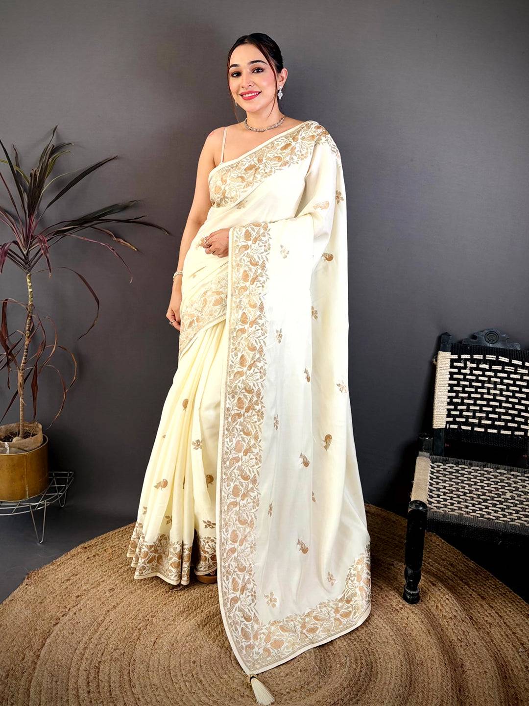 White Aari Bird Work Soft Satin Saree