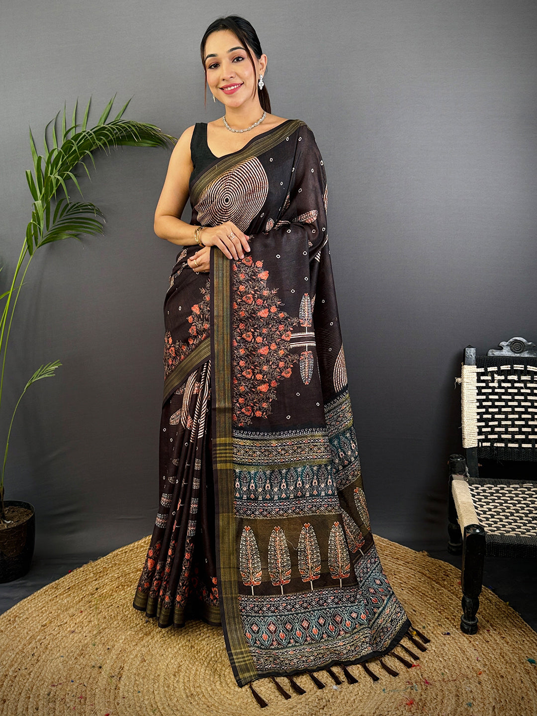 Deep Brown Linen Ajarak Print Saree