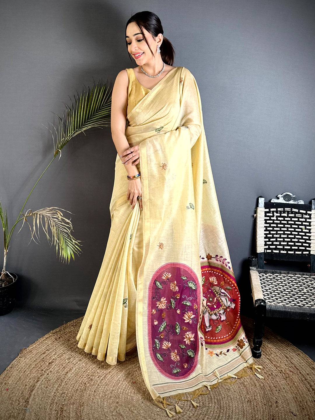 Regal Pichwai Resham Work Linen Saree