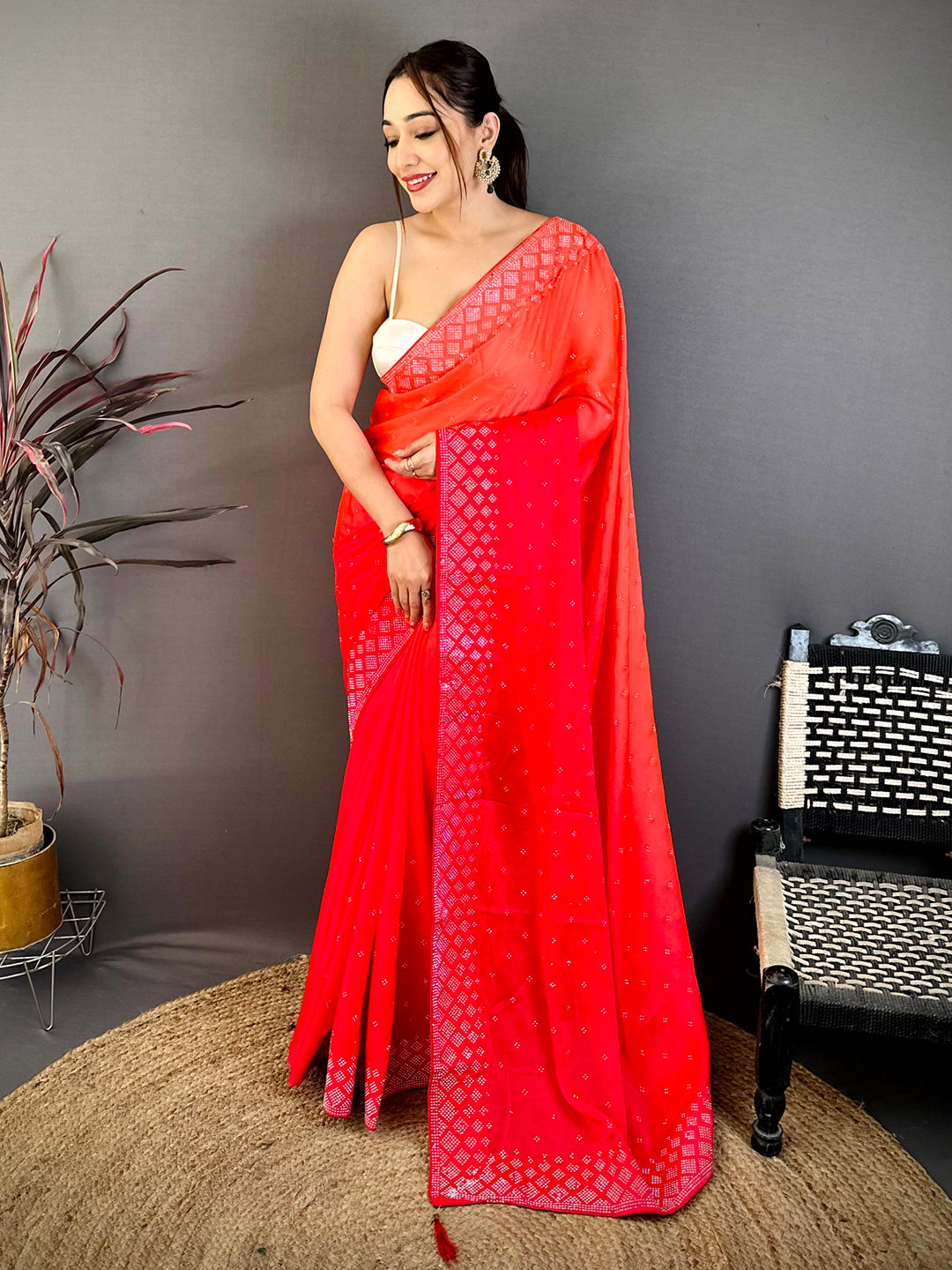 Stylish Satin Silk Swarovski Work Saree