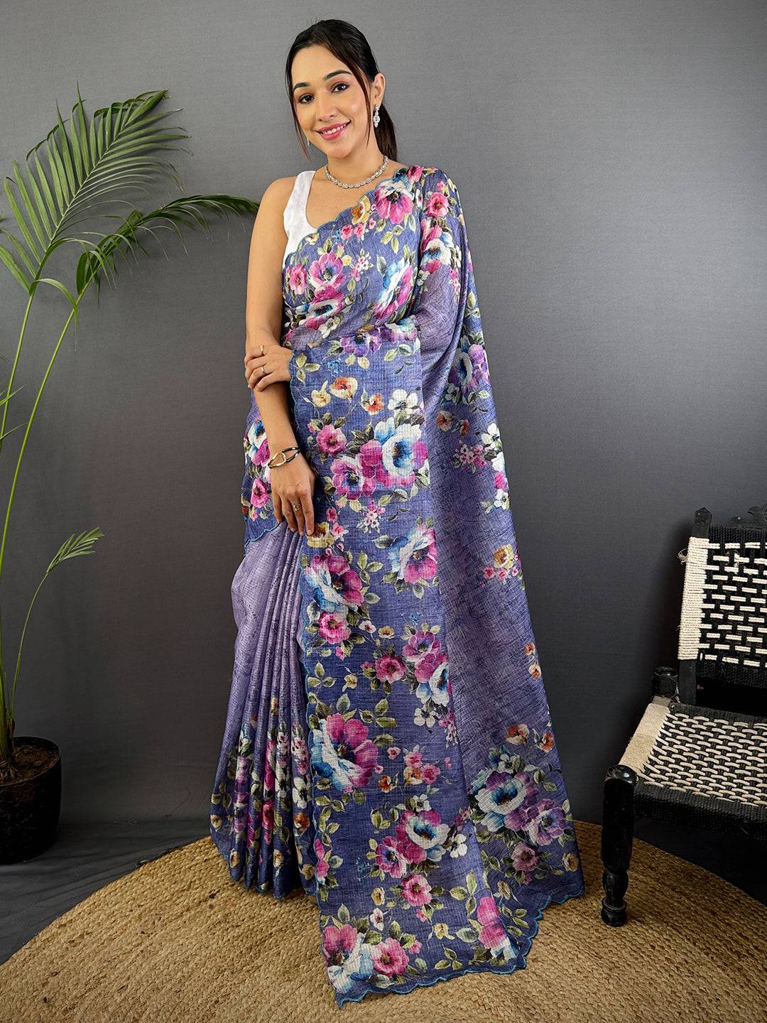 Lavender Floral Cut Work Kota Saree