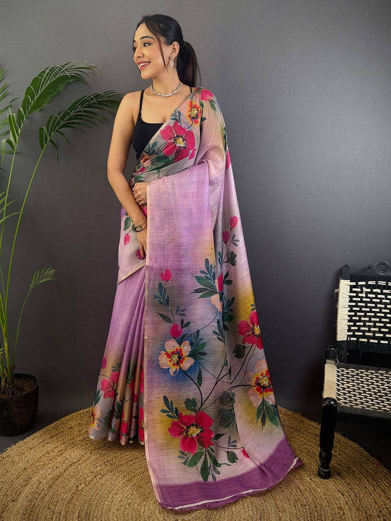 Purple Linen Chanderi Floral Print Saree