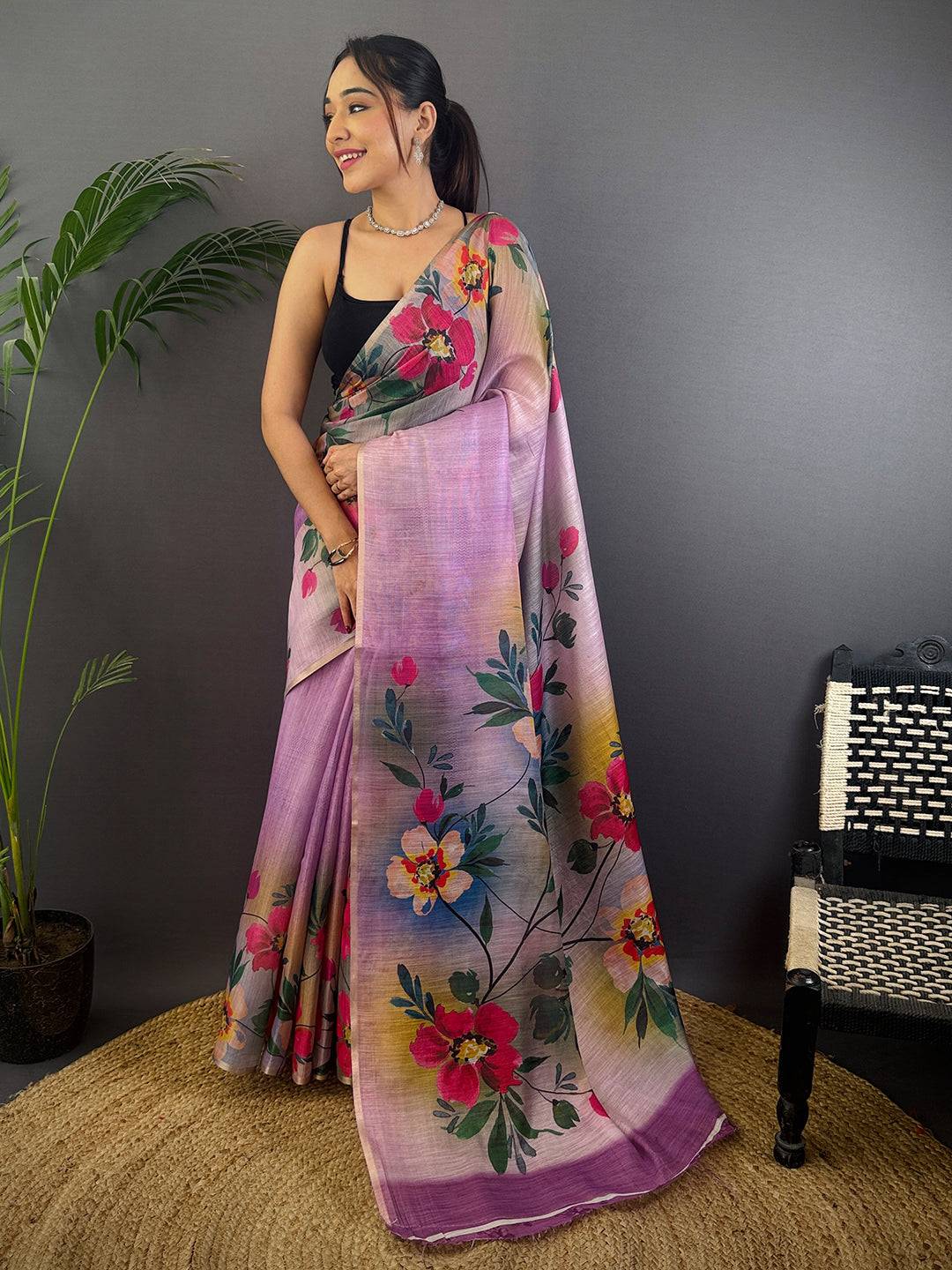 Purple Linen Chanderi Floral Print Saree
