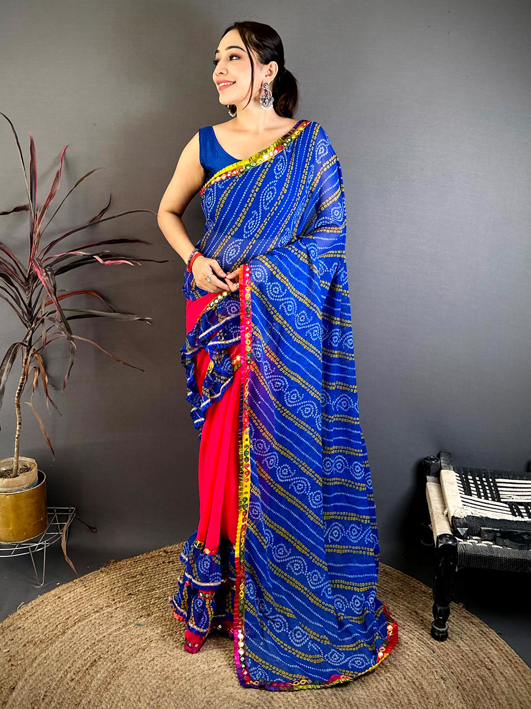Elegant Bandhej Print Ruffle Georgette Saree
