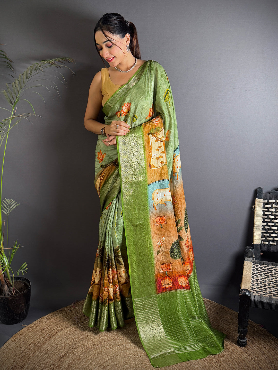 Parrot Green Viscose Pichwai Print Saree