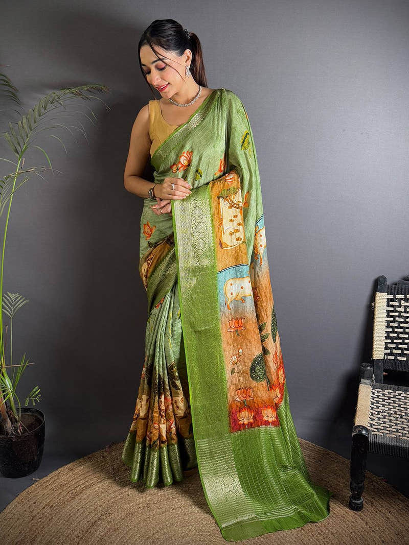 Parrot Green Viscose Pichwai Print Saree