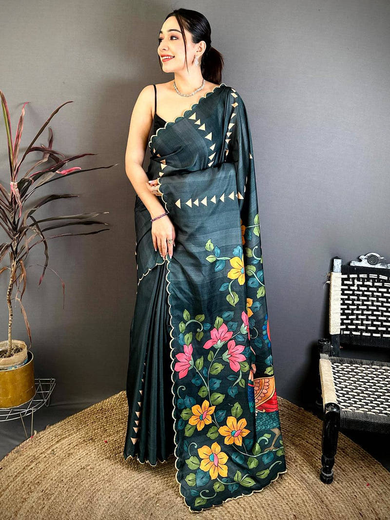 Heritage Kalamkari Cutwork Tussar Saree