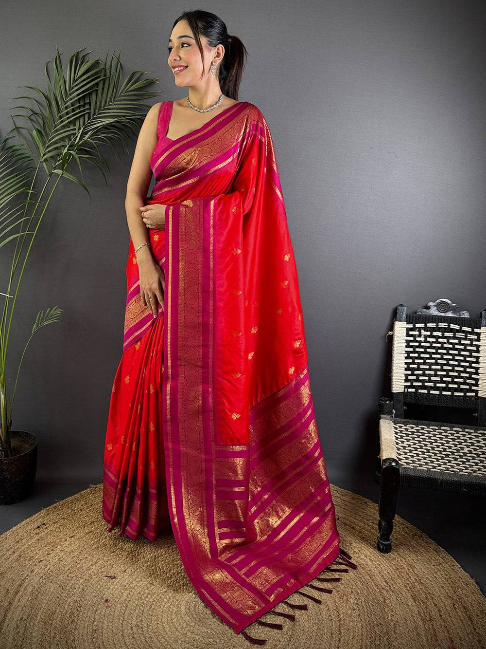 Rose Red Gadwal Border Soft Silk Saree