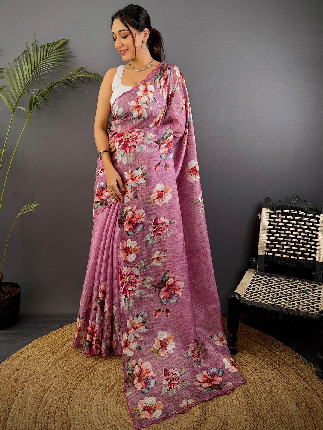 Mauve Pink Kota Floral Digital Cut Work Saree