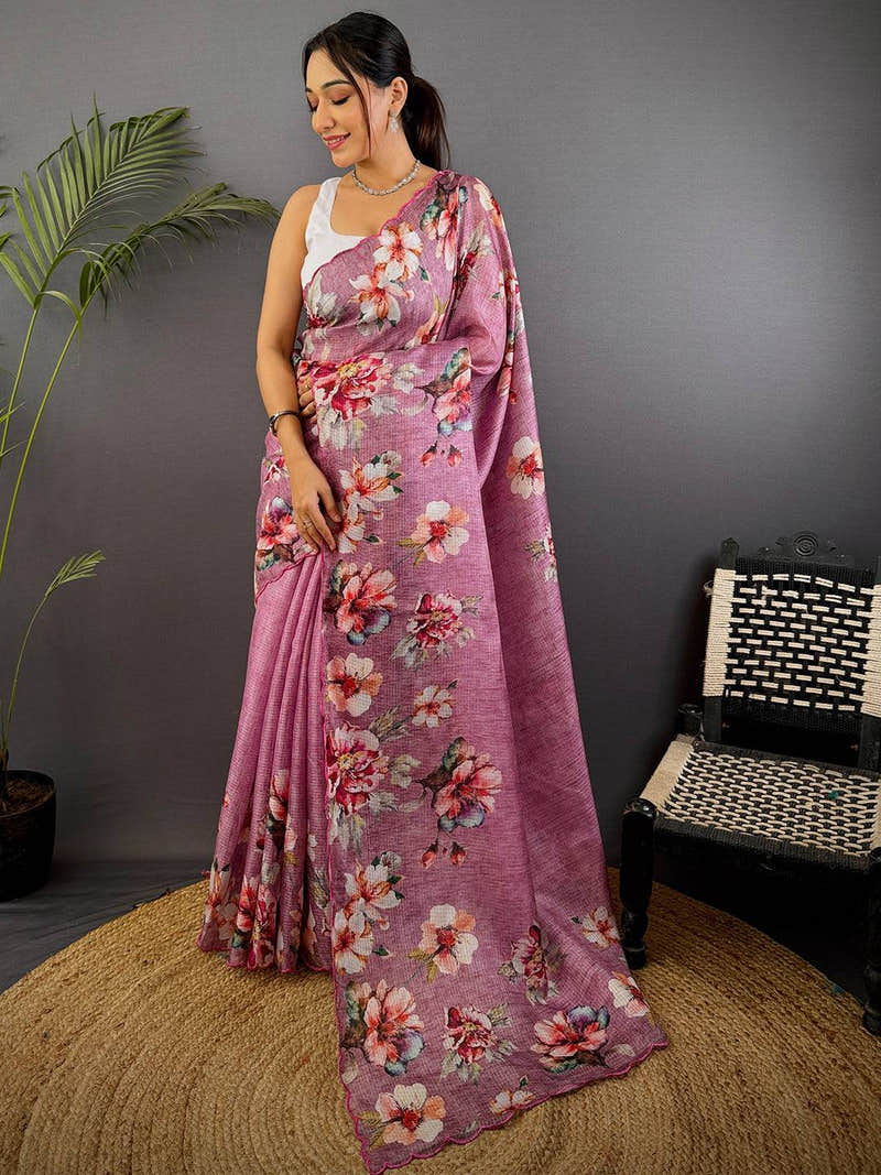 Mauve Pink Kota Floral Digital Cut Work Saree