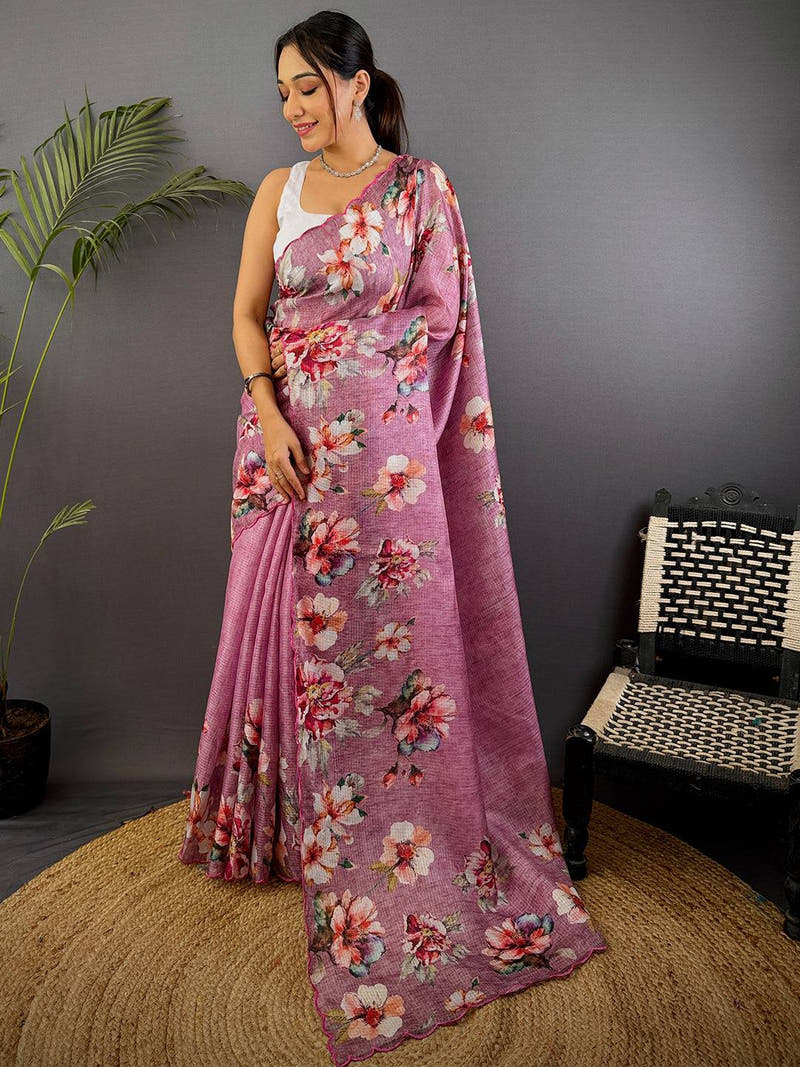 Mauve Pink Kota Floral Digital Cut Work Saree