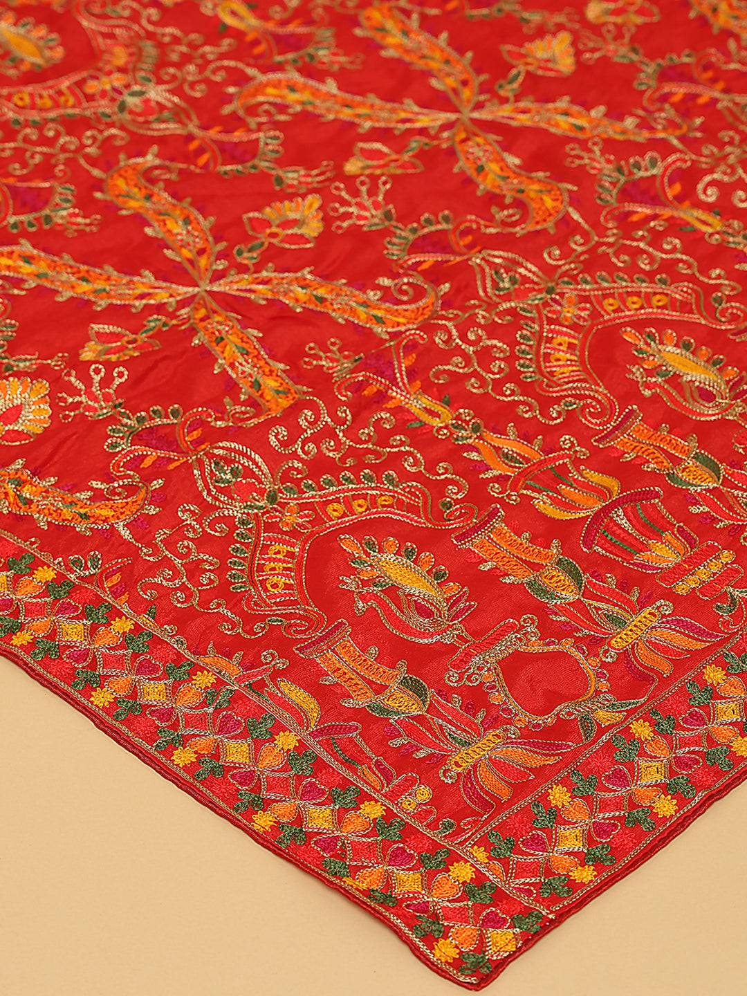 Close-up of Threadwork on Red Pashmina Dupatta