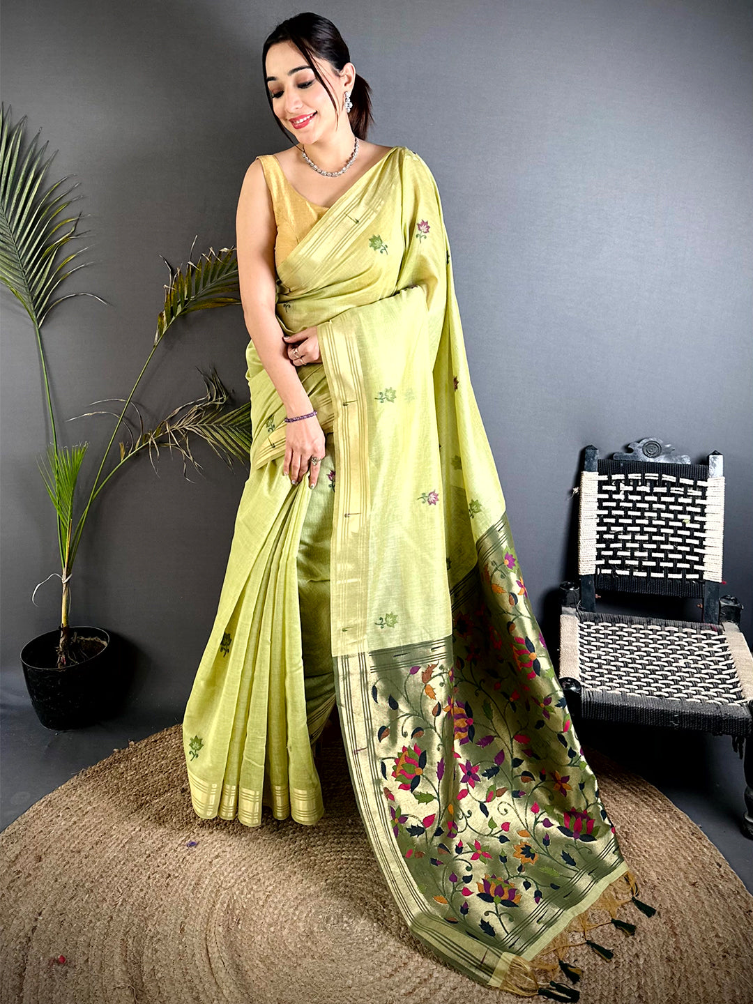 Heritage Minakari Butti Khadi Linen Saree