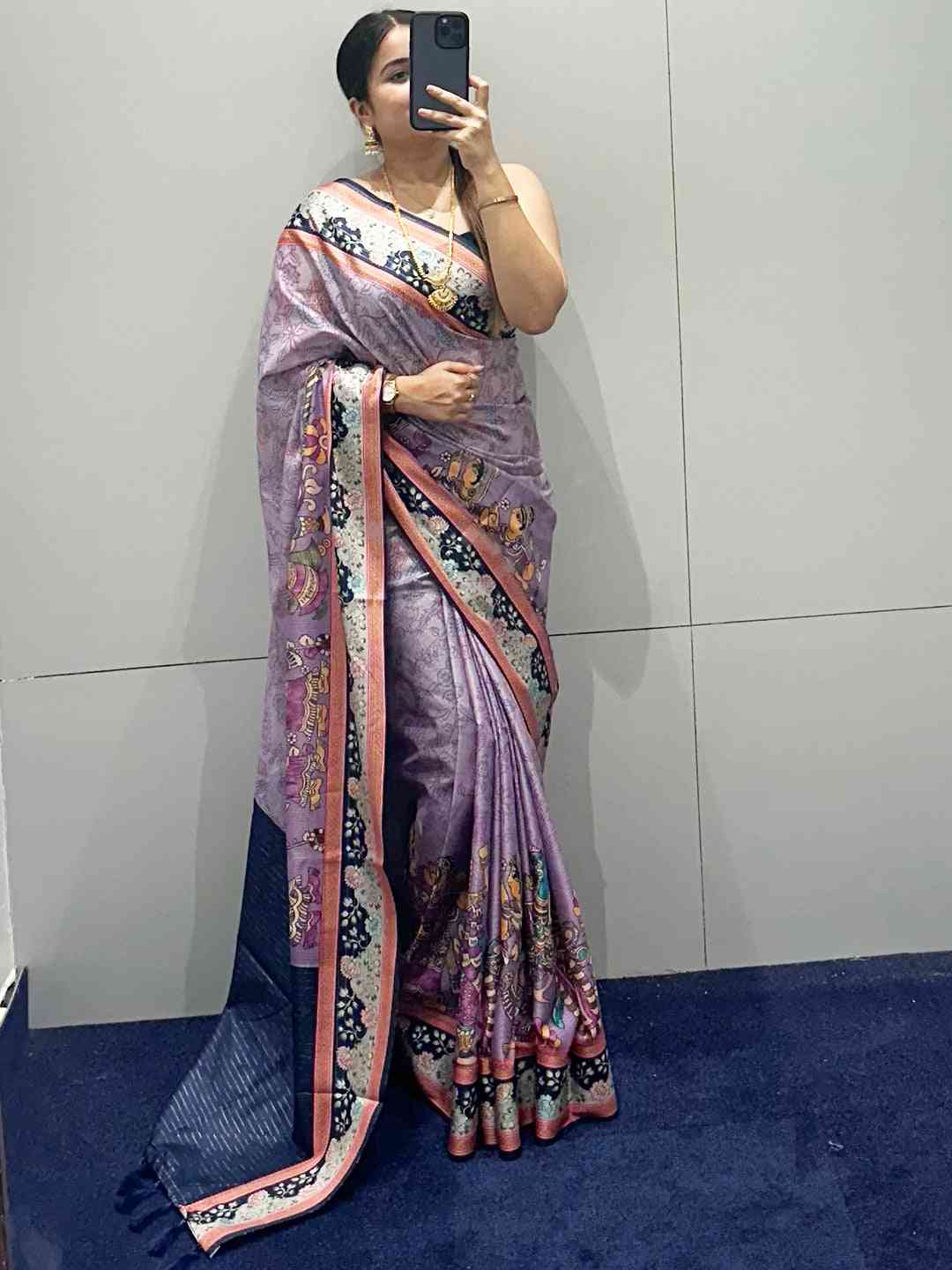 Purple Kalamkari Saree with Zari Pallu and Digital Print