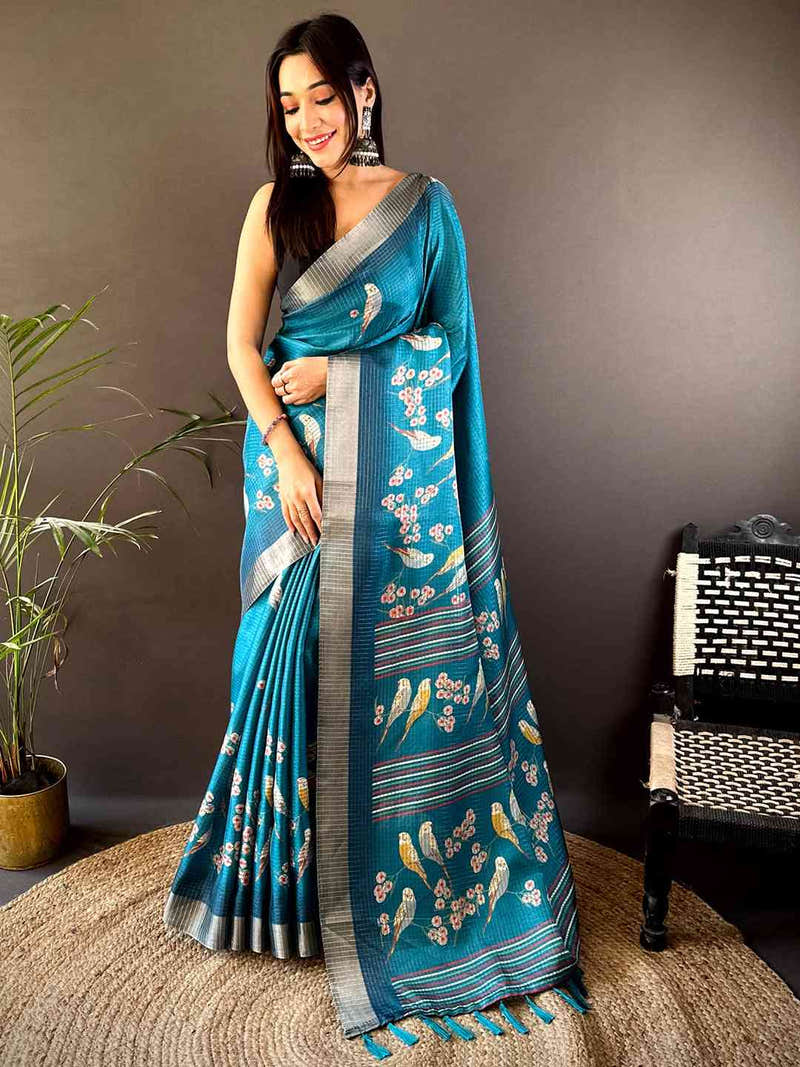Blue Chanderi Check Sparrow Print Saree