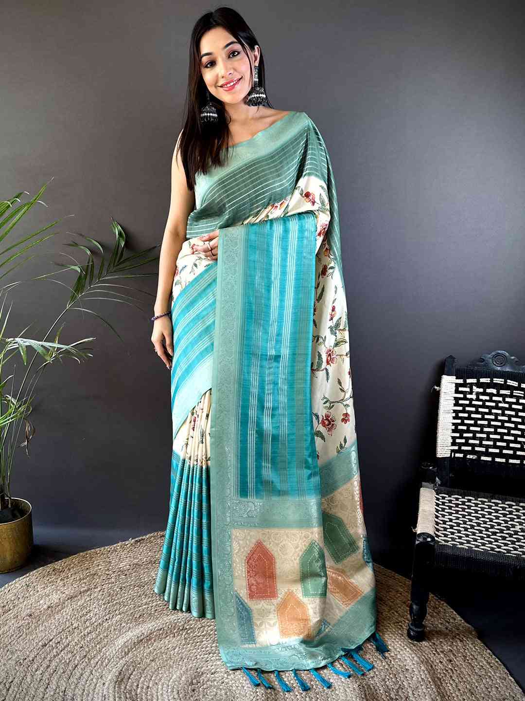 Pastel Teal Soft Crepe Silk Digital Ombre Saree