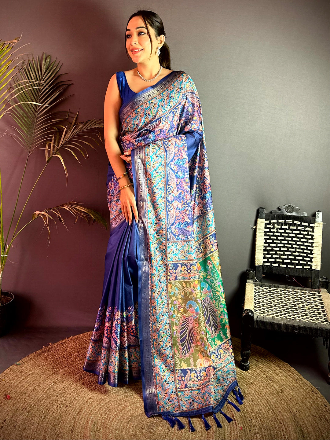 Royal Blue Kashmiri Kalamkari Soft Silk Saree