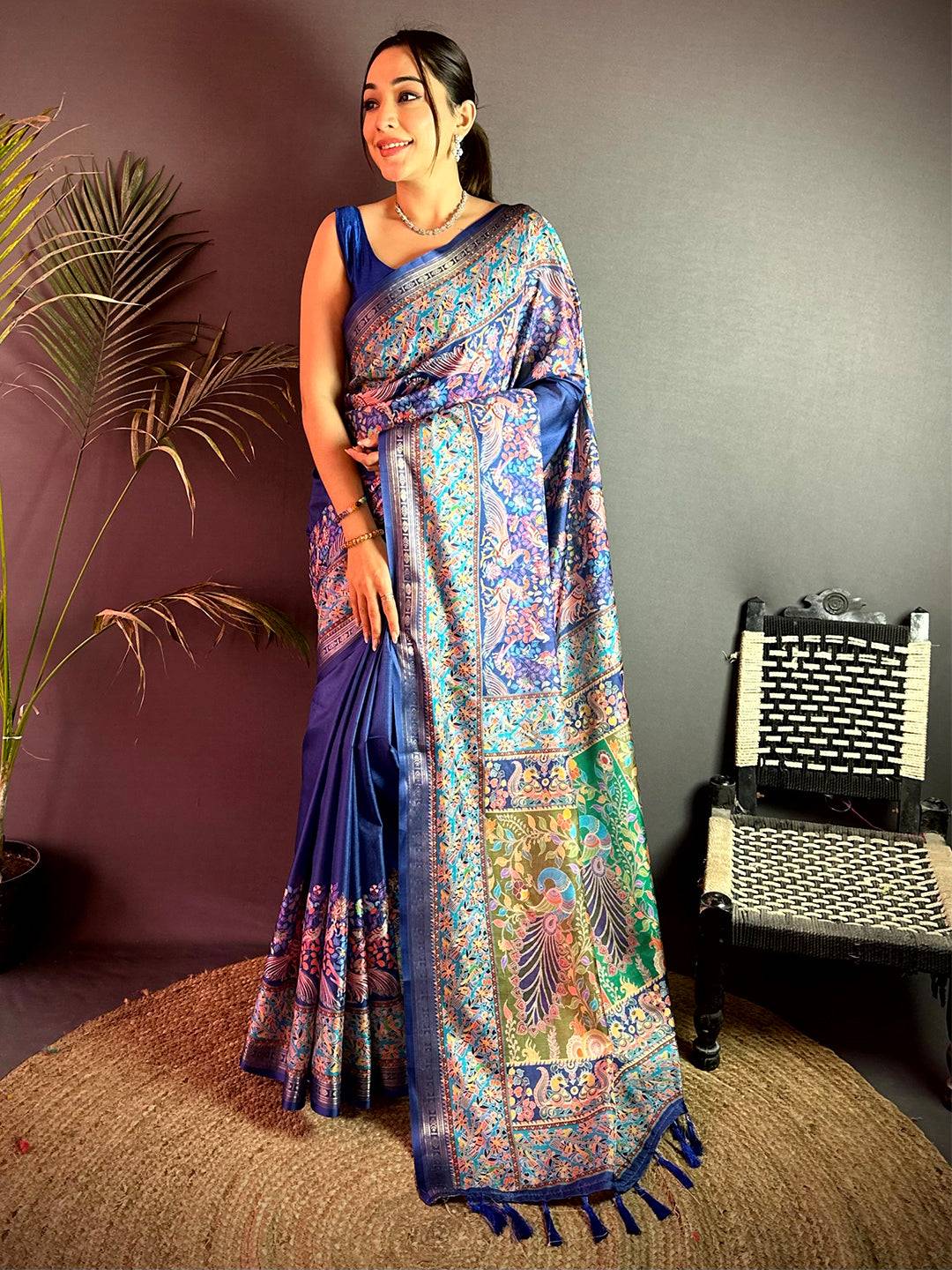 Royal Blue Kashmiri Kalamkari Soft Silk Saree