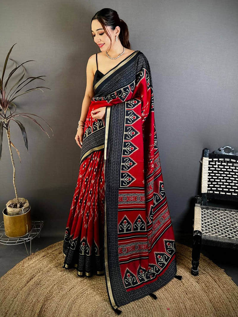 Red Mul Cotton Ikkat Rudraksha Border Saree