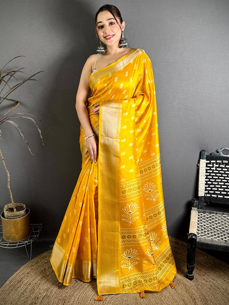 Mustard Dola Block Print Zari Border Saree