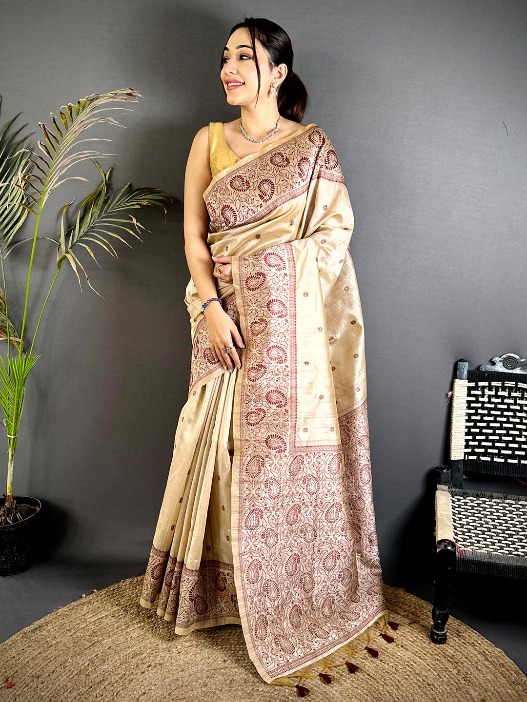 Maroon Floral Katha Ghicha Silk Saree