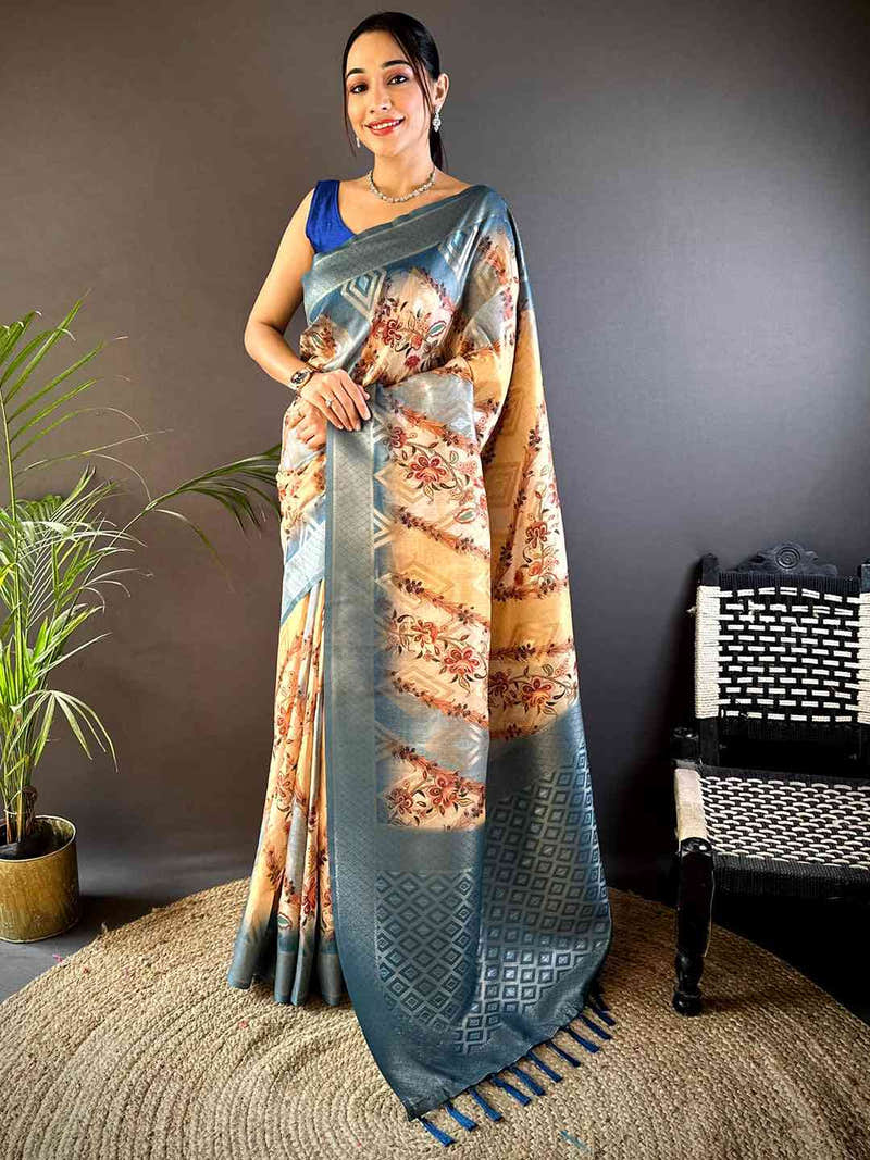 Blue Banarasi Ombre Floral Print Saree