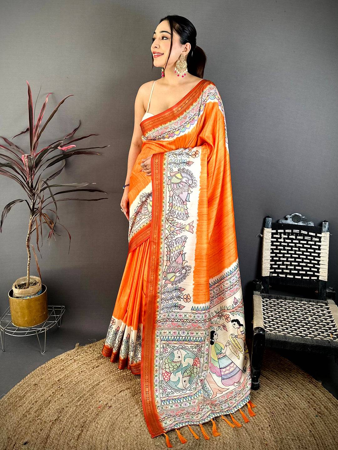 Stylish Madhubani Print Soft Silk Saree