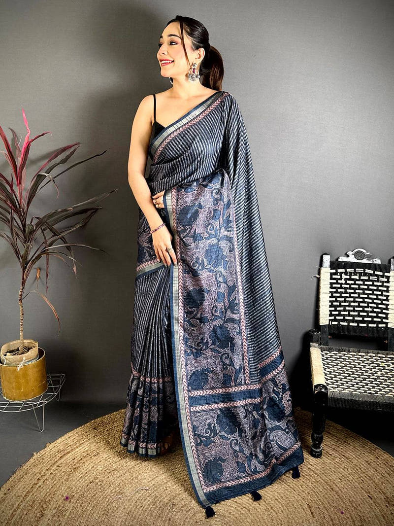 Indigo Blue Digital Katha Work Saree