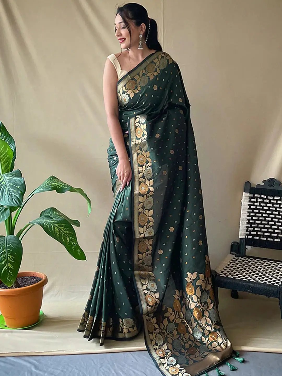 Elegant bottle green Banarasi silk saree with gold zari work