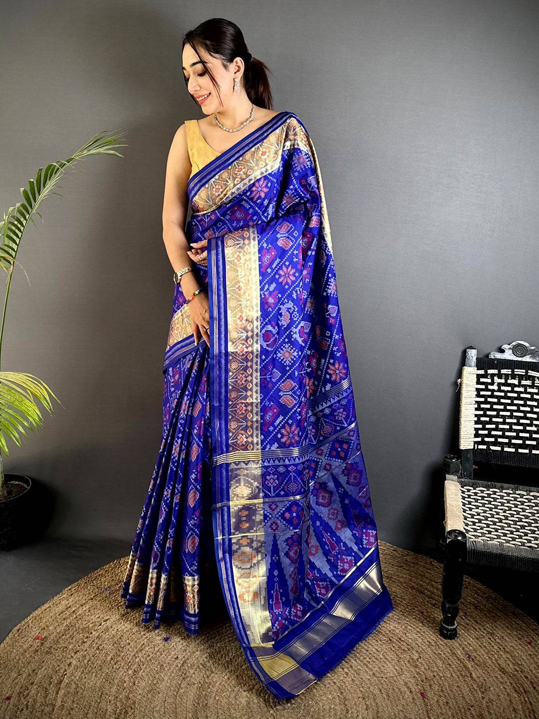 Blue Double Ikkat Heritage Saree With Maggam Blouse