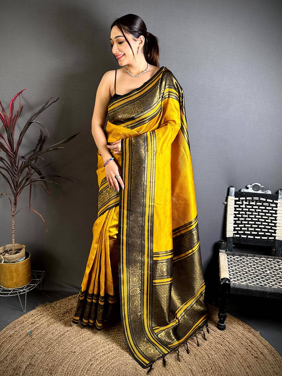 Opulent Copper Weave Katan Silk Saree With Maggam Blouse