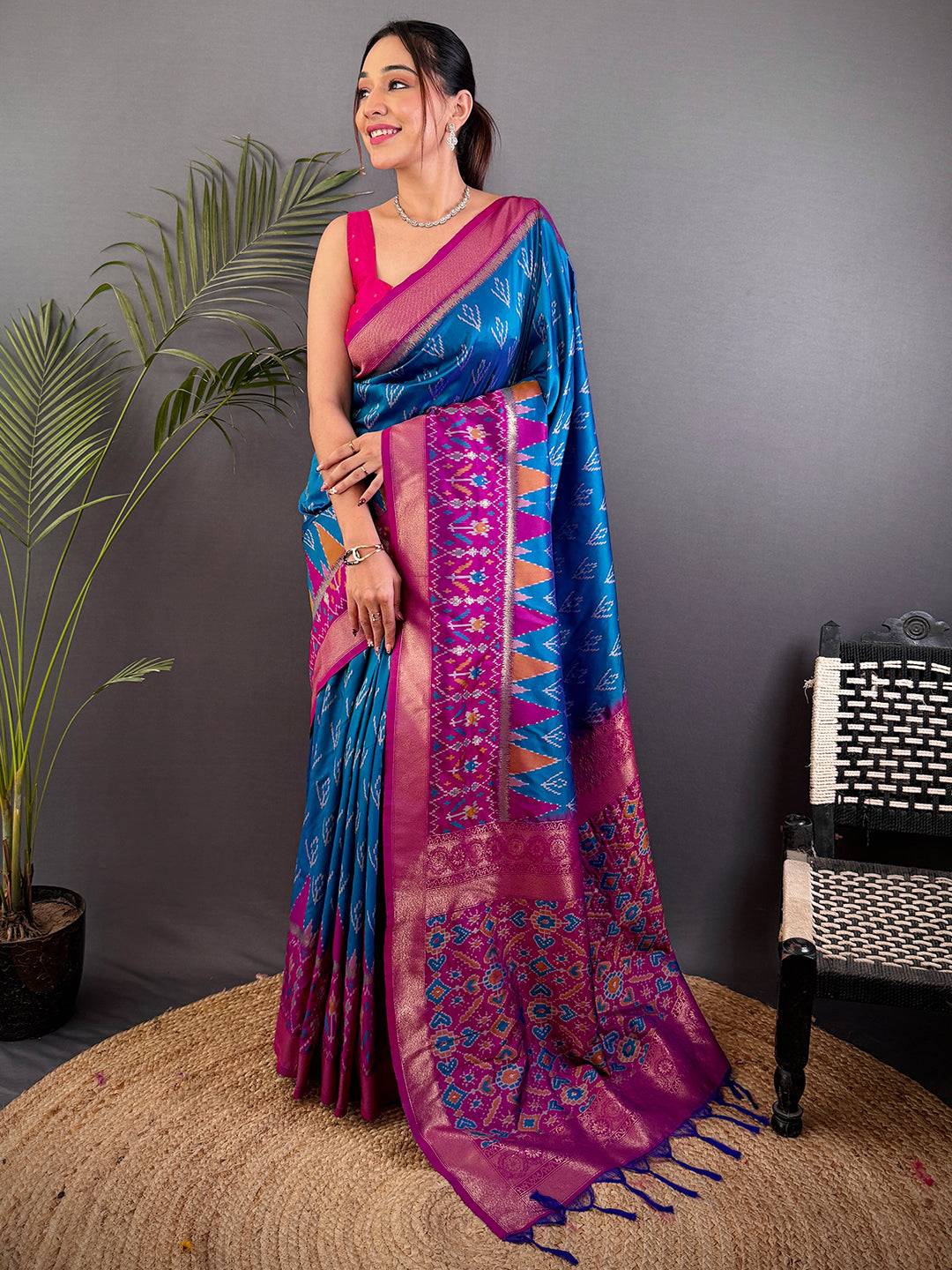 Ethereal Sky Blue Soft Silk Ikkat Saree With Maggam Blouse