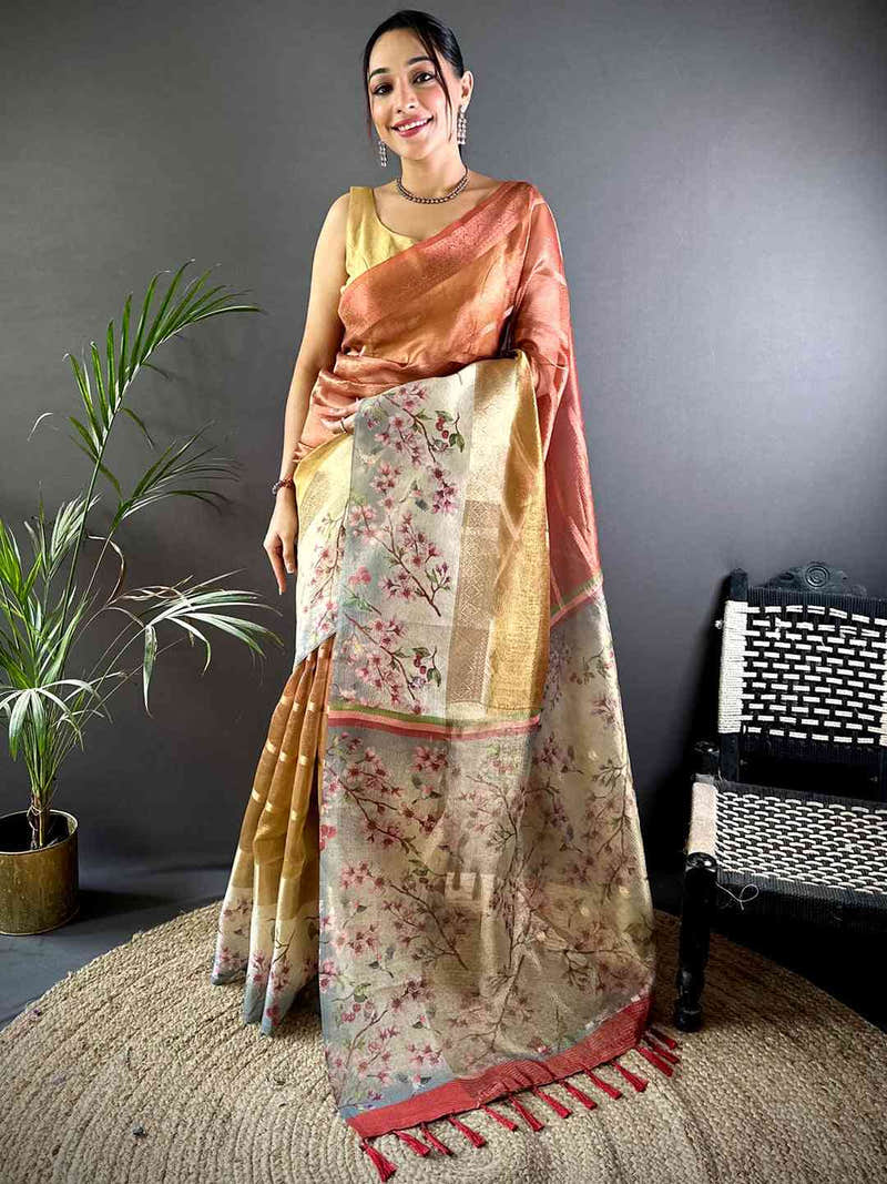 Red Ombre Zari Tissue Digital Print Saree
