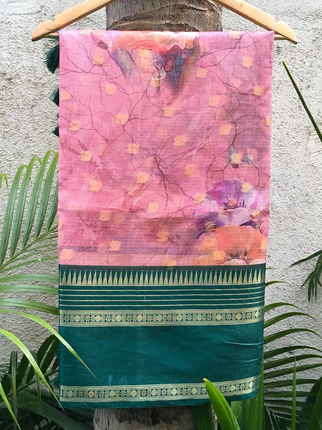 Kota Doriya Rose Pink Floral Printed Saree on hanger