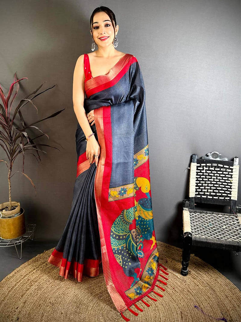 Navy Tussar Zari Chex Kalamkari Saree