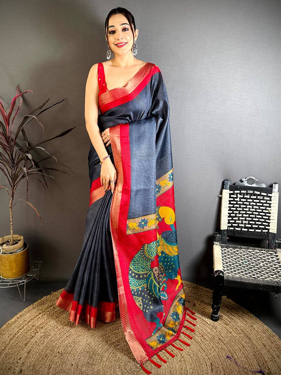 Navy Tussar Zari Chex Kalamkari Saree