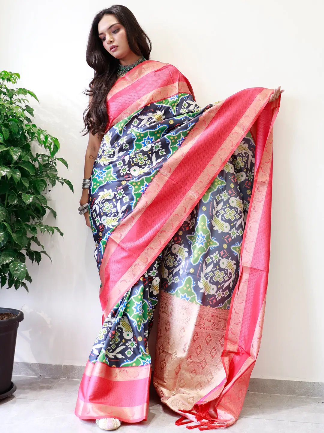 Elegant soft silk saree with Gadwal border and Pochampally print