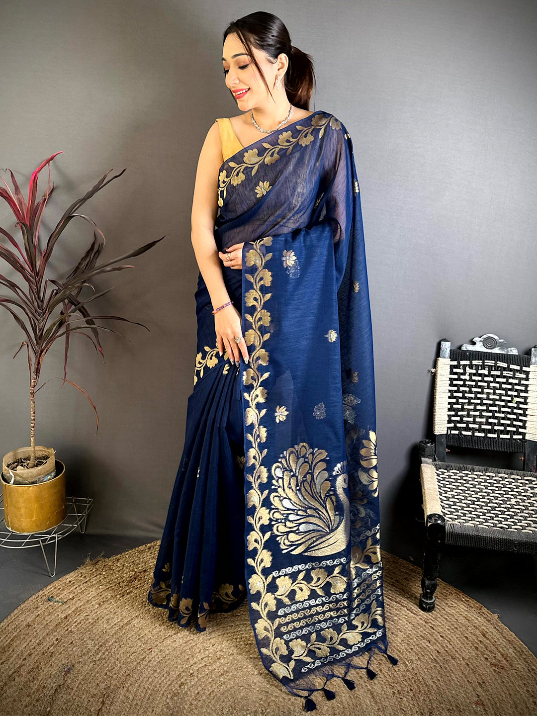 Navy Peacock Zari Munga Saree