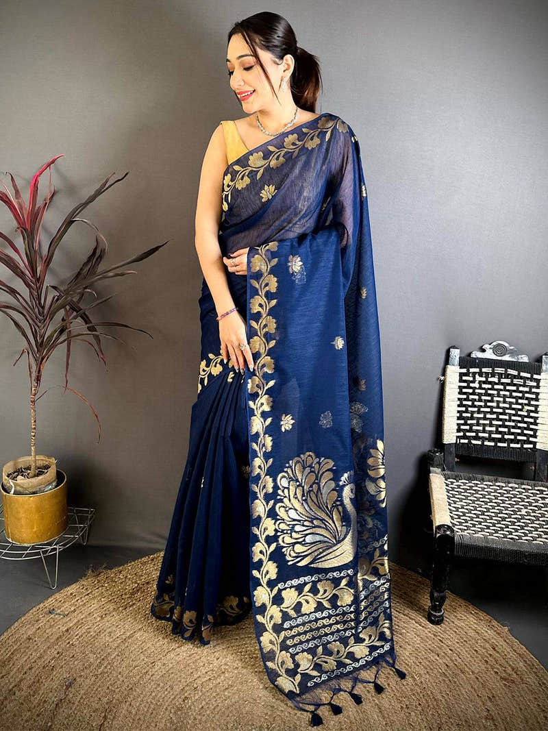 Navy Peacock Zari Munga Saree