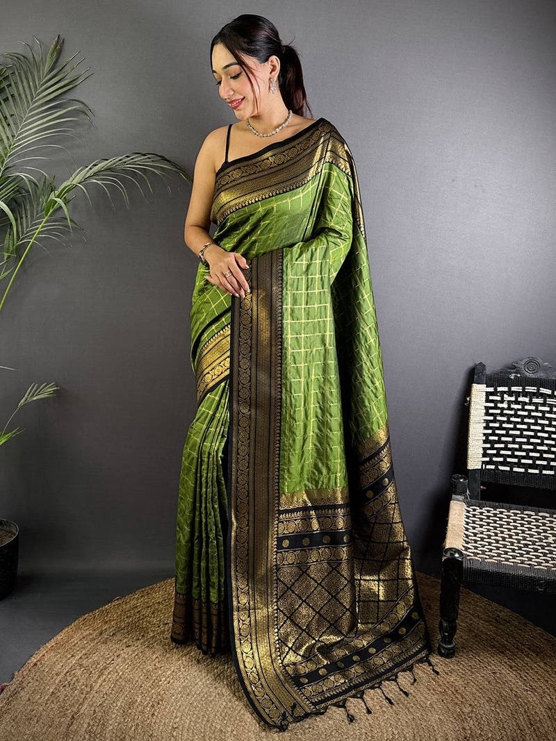 Green Self Chex Soft Silk Saree