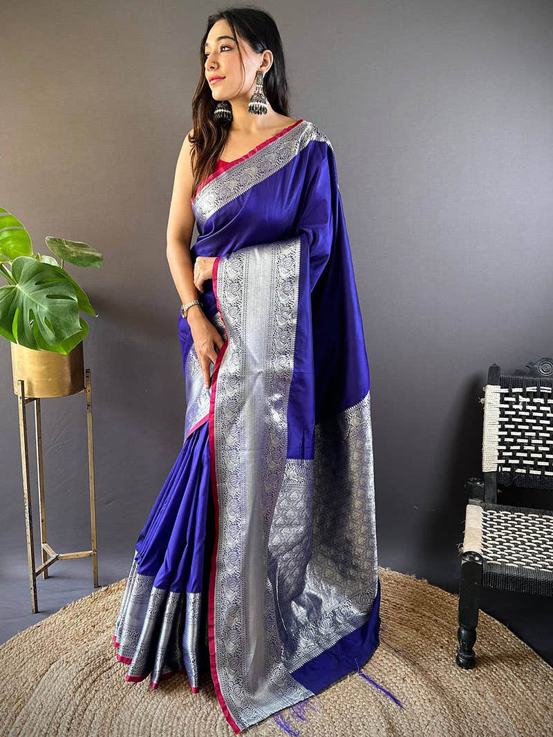 Purple Soft Silk Woven Zari Saree with Silver Border, Pink Edge